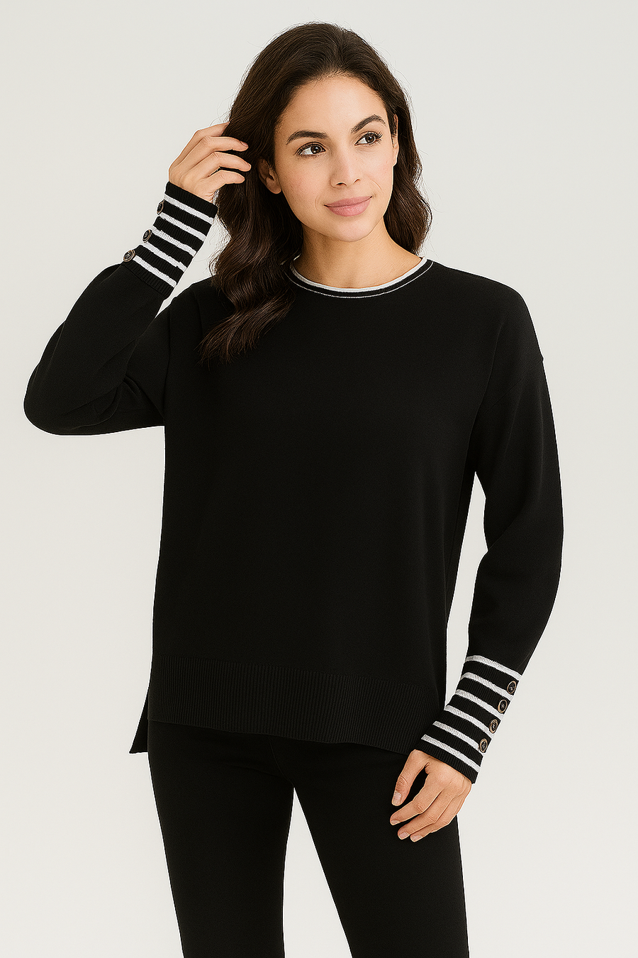 SOFT KNIT JUMPER WITH STRIPED SLEEVE CUFFS