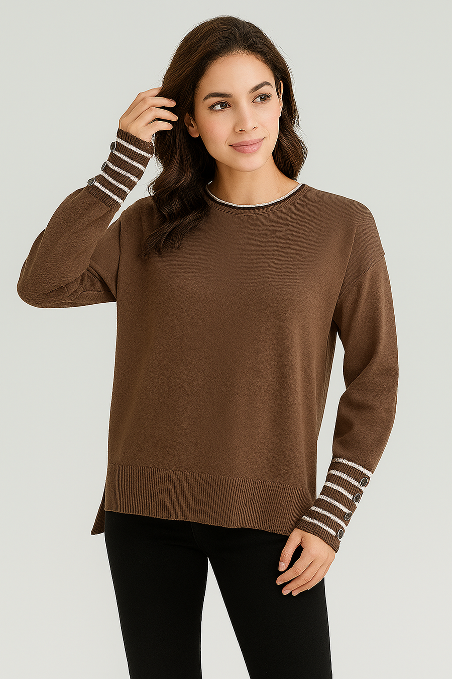 SOFT KNIT JUMPER WITH STRIPED SLEEVE CUFFS