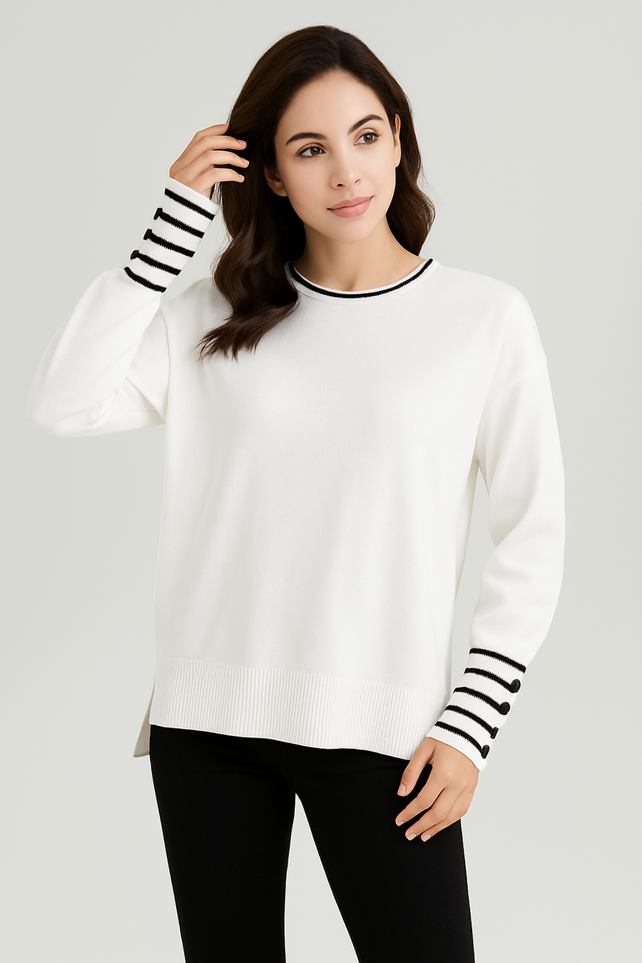 SOFT KNIT JUMPER WITH STRIPED SLEEVE CUFFS