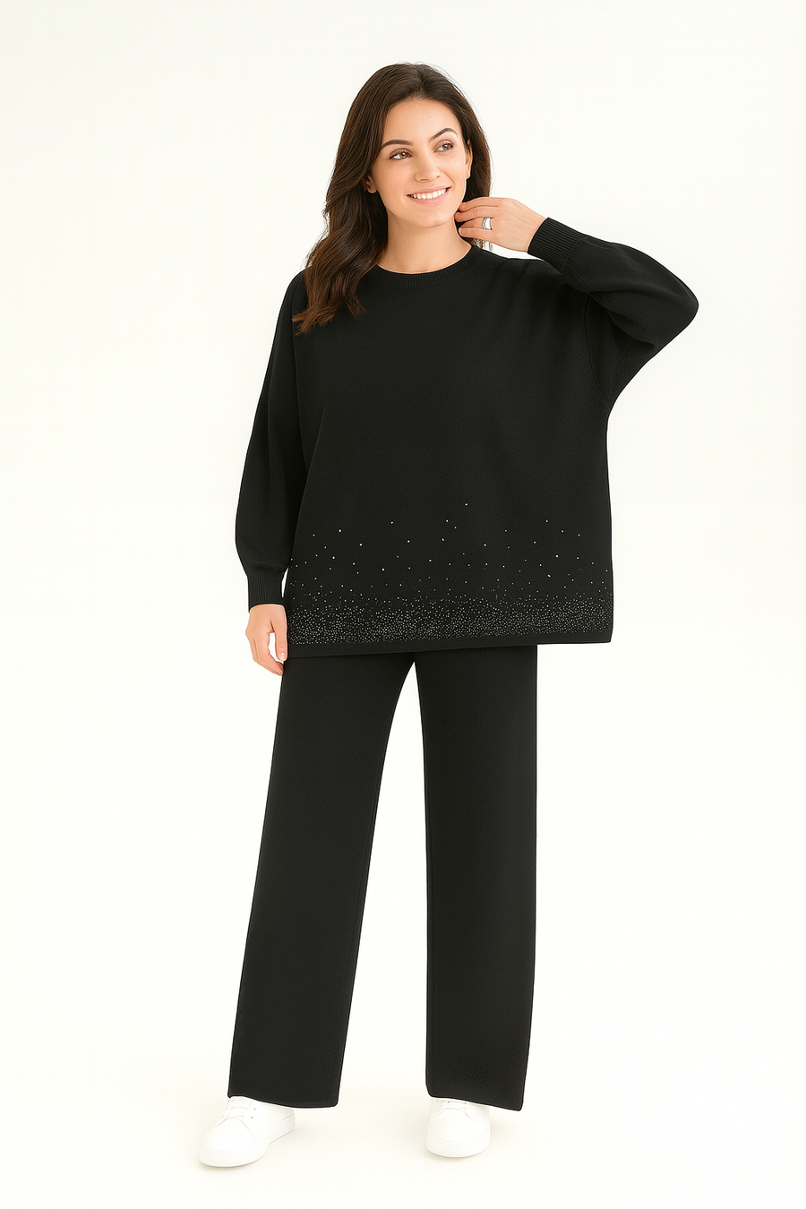 SOFT KNIT OVERSIZED TOP WITH RHINESTONES MATCHED WITH STRAIGHT LEG PANTS