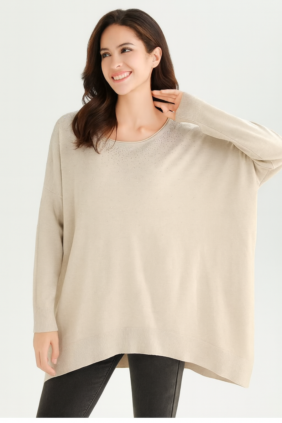 OVERSIZED SOFT KNIT JUMPER WITH RHINESTONES