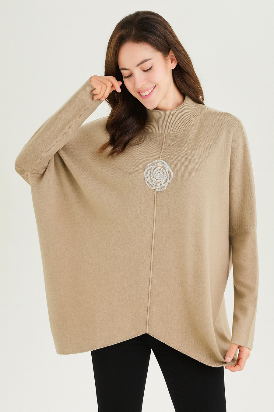 SOFT KNIT PLUS SIZE JUMPER WITH ROSE RHINESTONE DESIGN