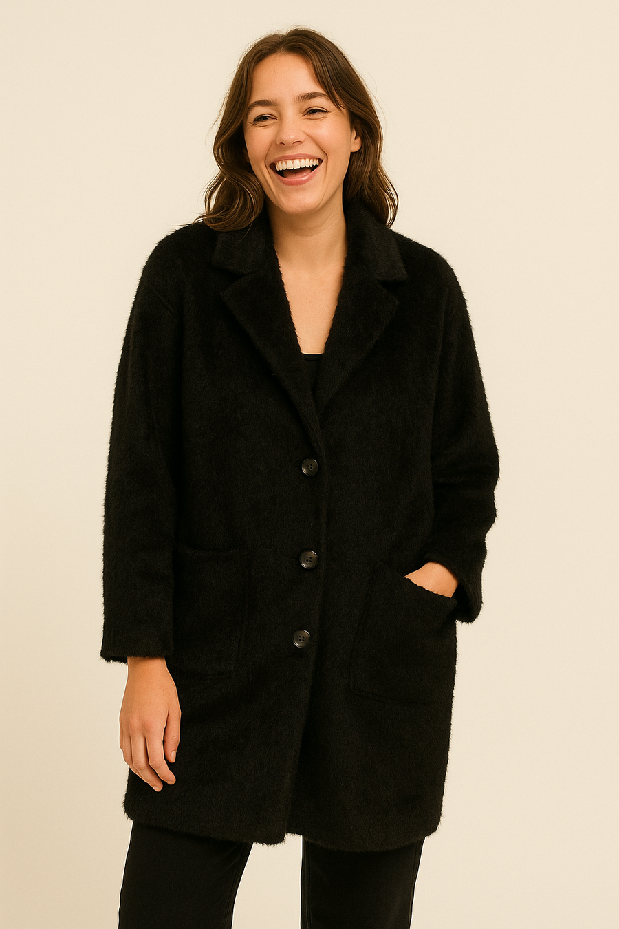 Premium Quality Fluffy Soft Coat With Lapel, Pockets And Buttons