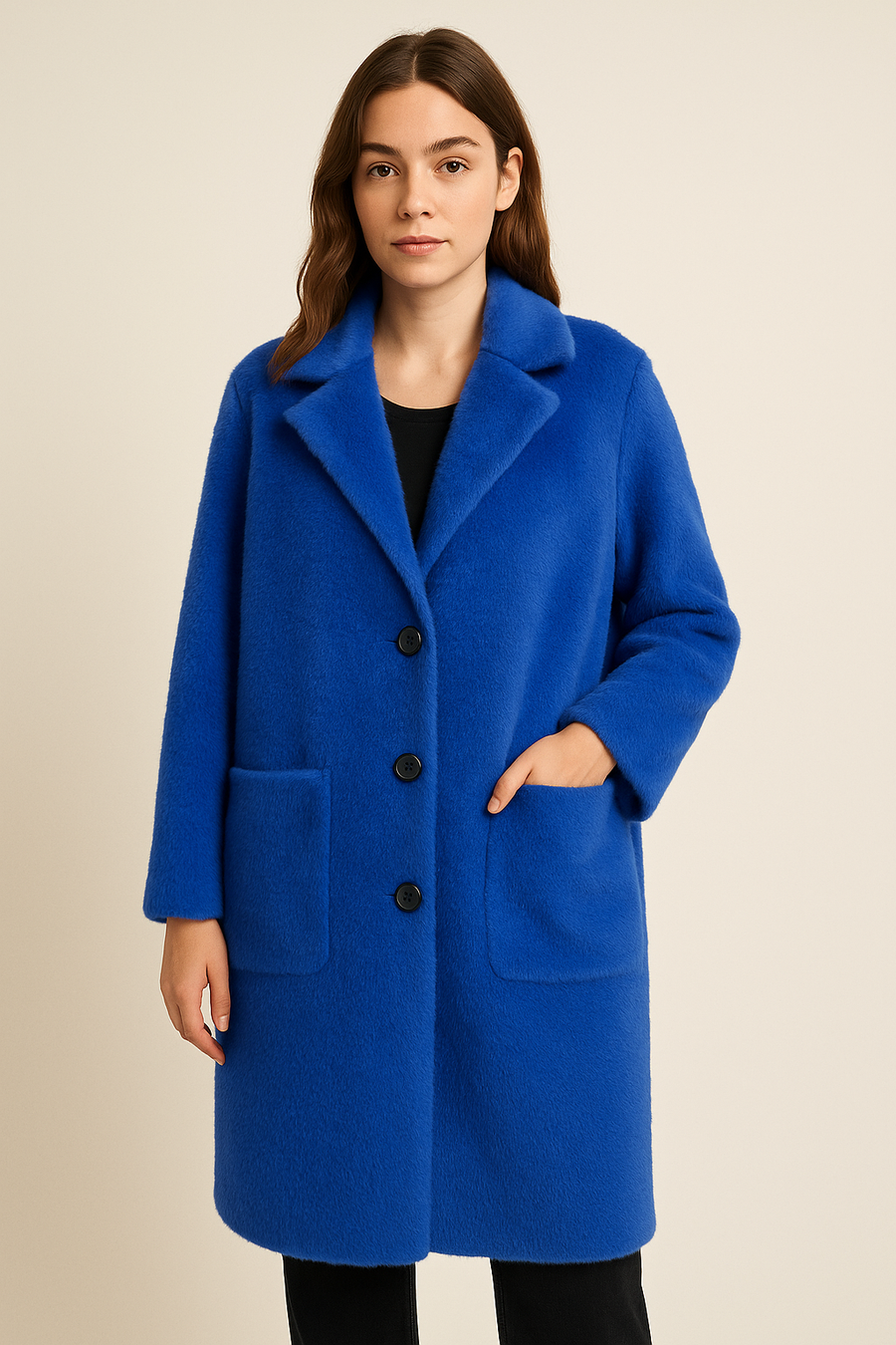Premium Quality Fluffy Soft Coat With Lapel, Pockets And Buttons