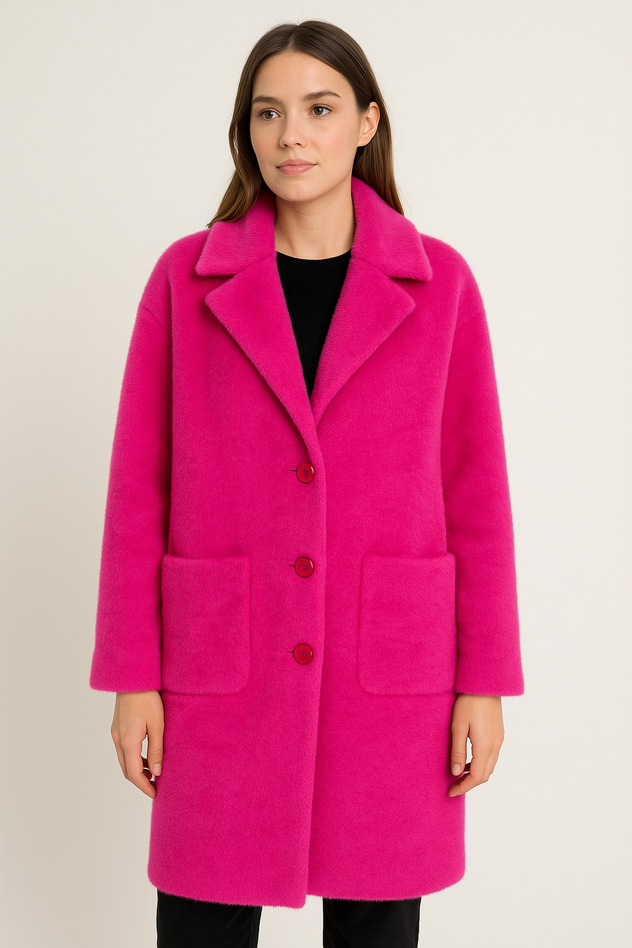 Premium Quality Fluffy Soft Coat With Lapel, Pockets And Buttons