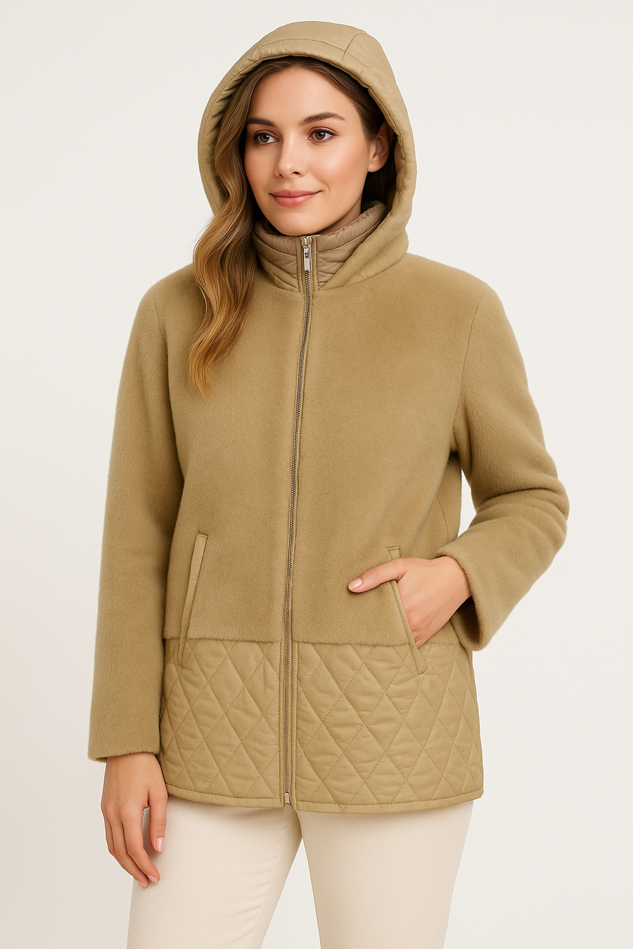 Premium Soft Fluffy Zip Up Hooded Jacket With Front PocketsAnd Quilting Details