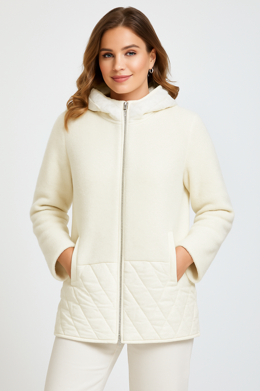 Premium Soft Fluffy Zip Up Hooded Jacket With Front PocketsAnd Quilting Details