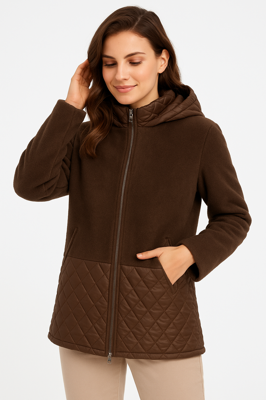 Premium Soft Fluffy Zip Up Hooded Jacket With Front PocketsAnd Quilting Details