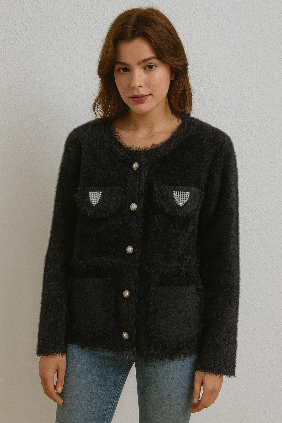 Premium Heavy Jacket with Frayed Edge and Pearls Embellishments