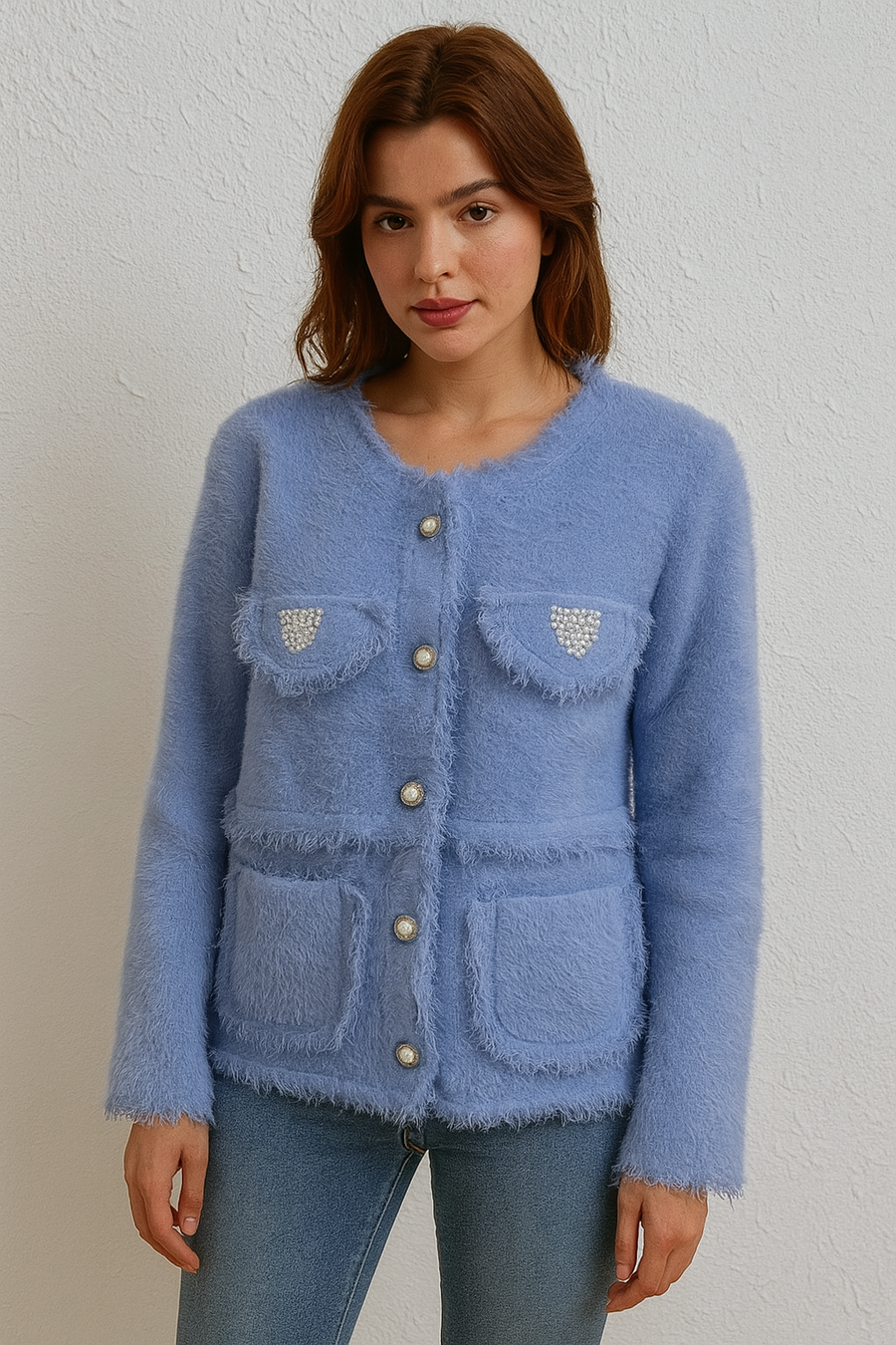 Premium Heavy Jacket with Frayed Edge and Pearls Embellishments