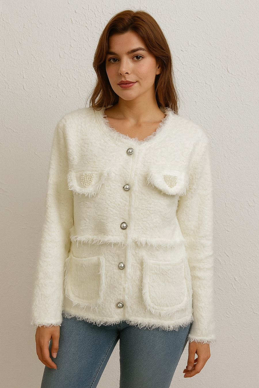 Premium Heavy Jacket with Frayed Edge and Pearls Embellishments