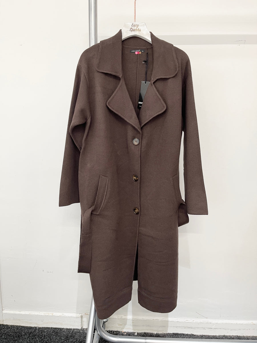 Heavy Knit Coat With Lapel, Waist Belt, Jet Pockets And Button Fastening