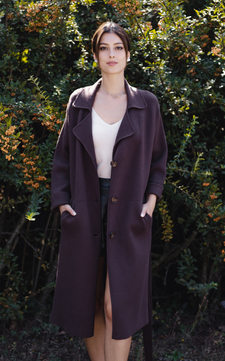 Heavy Knit Coat With Lapel, Waist Belt, Jet Pockets And Button Fastening