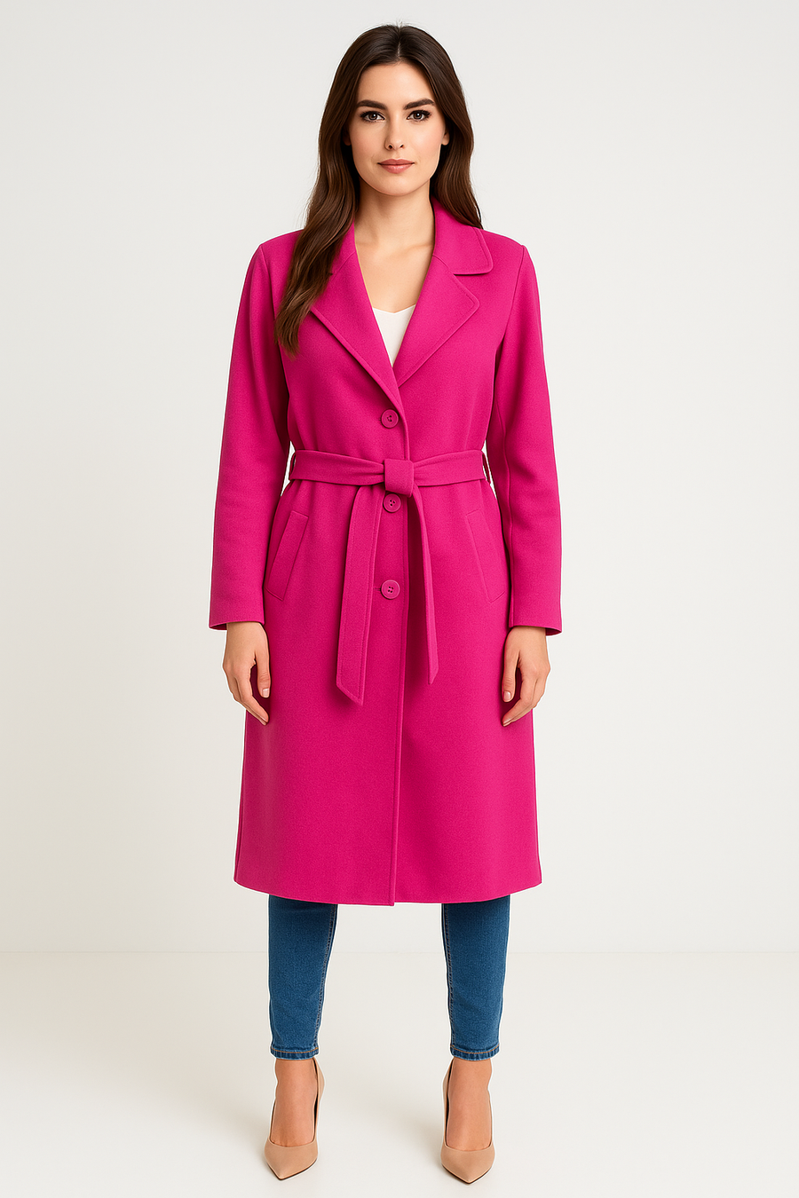 Heavy Knit Coat With Lapel, Waist Belt, Jet Pockets And Button Fastening