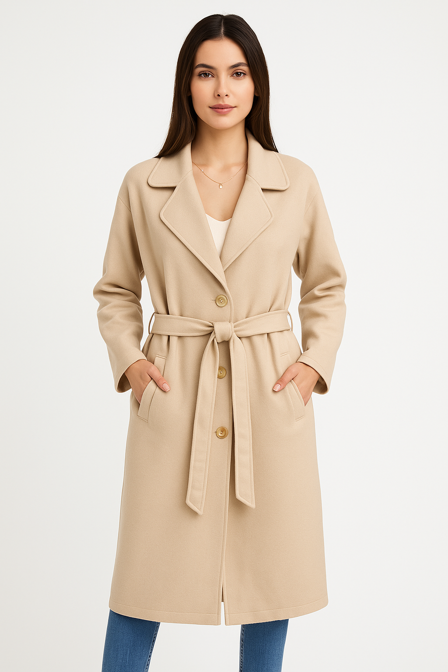 Heavy Knit Coat With Lapel, Waist Belt, Jet Pockets And Button Fastening