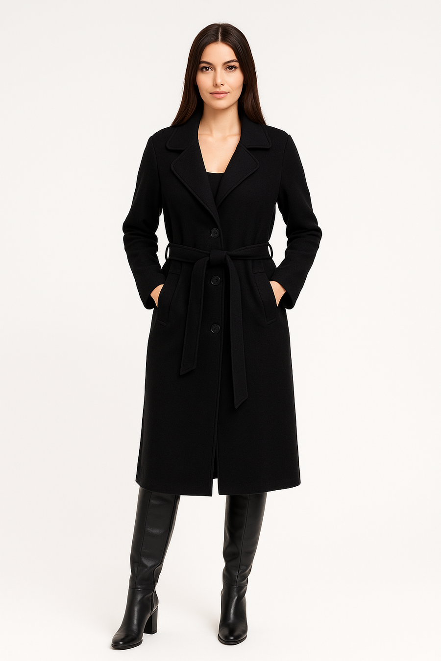 Heavy Knit Coat With Lapel, Waist Belt, Jet Pockets And Button Fastening