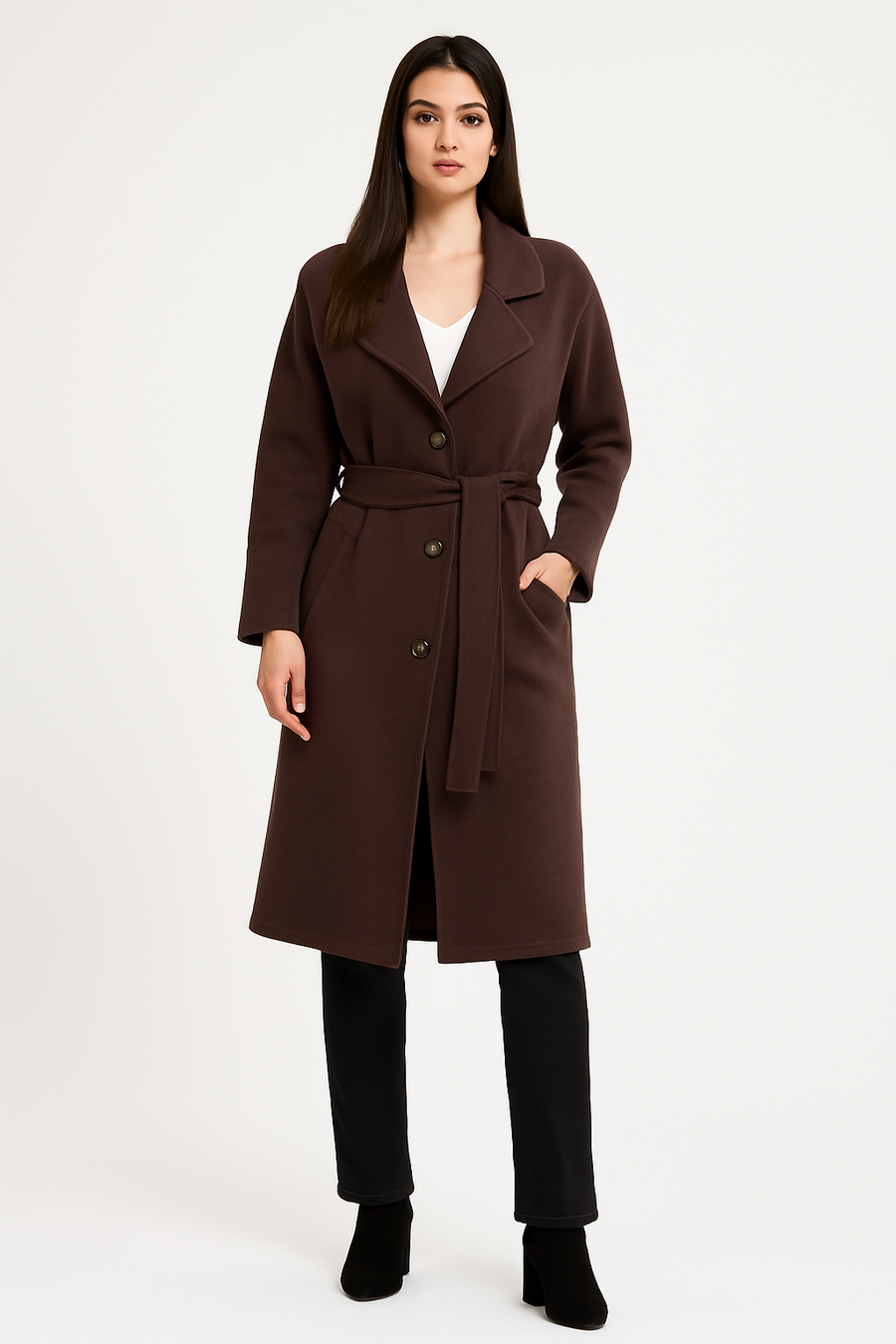 Heavy Knit Coat With Lapel, Waist Belt, Jet Pockets And Button Fastening