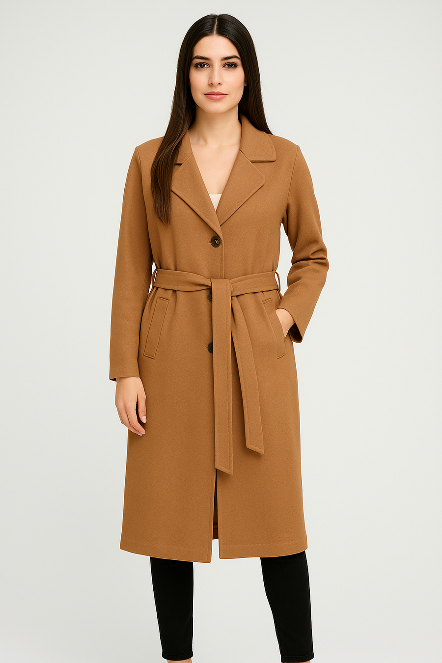 Heavy Knit Coat With Lapel, Waist Belt, Jet Pockets And Button Fastening