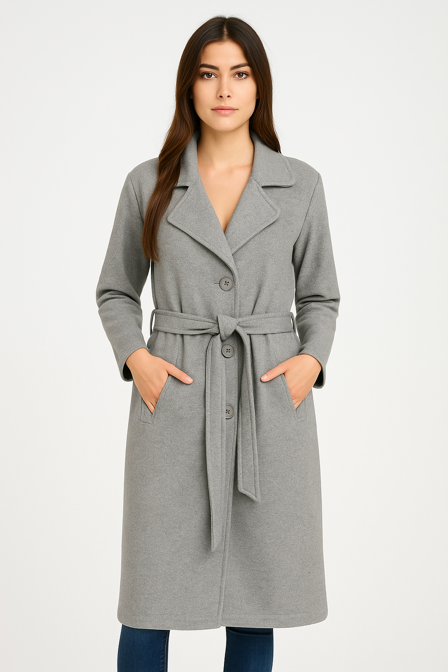 Heavy Knit Coat With Lapel, Waist Belt, Jet Pockets And Button Fastening