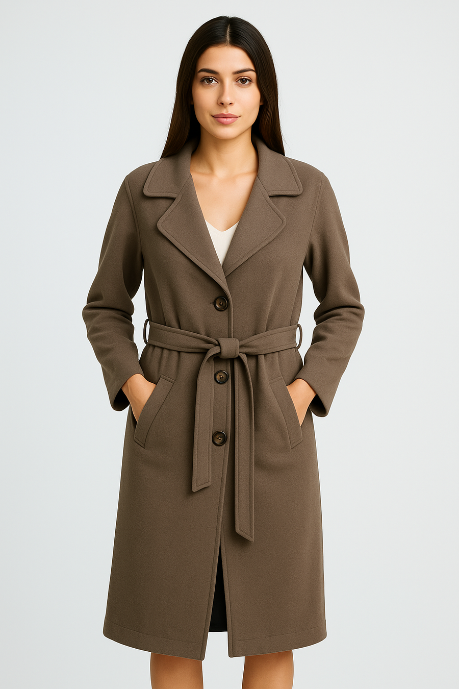 Heavy Knit Coat With Lapel, Waist Belt, Jet Pockets And Button Fastening
