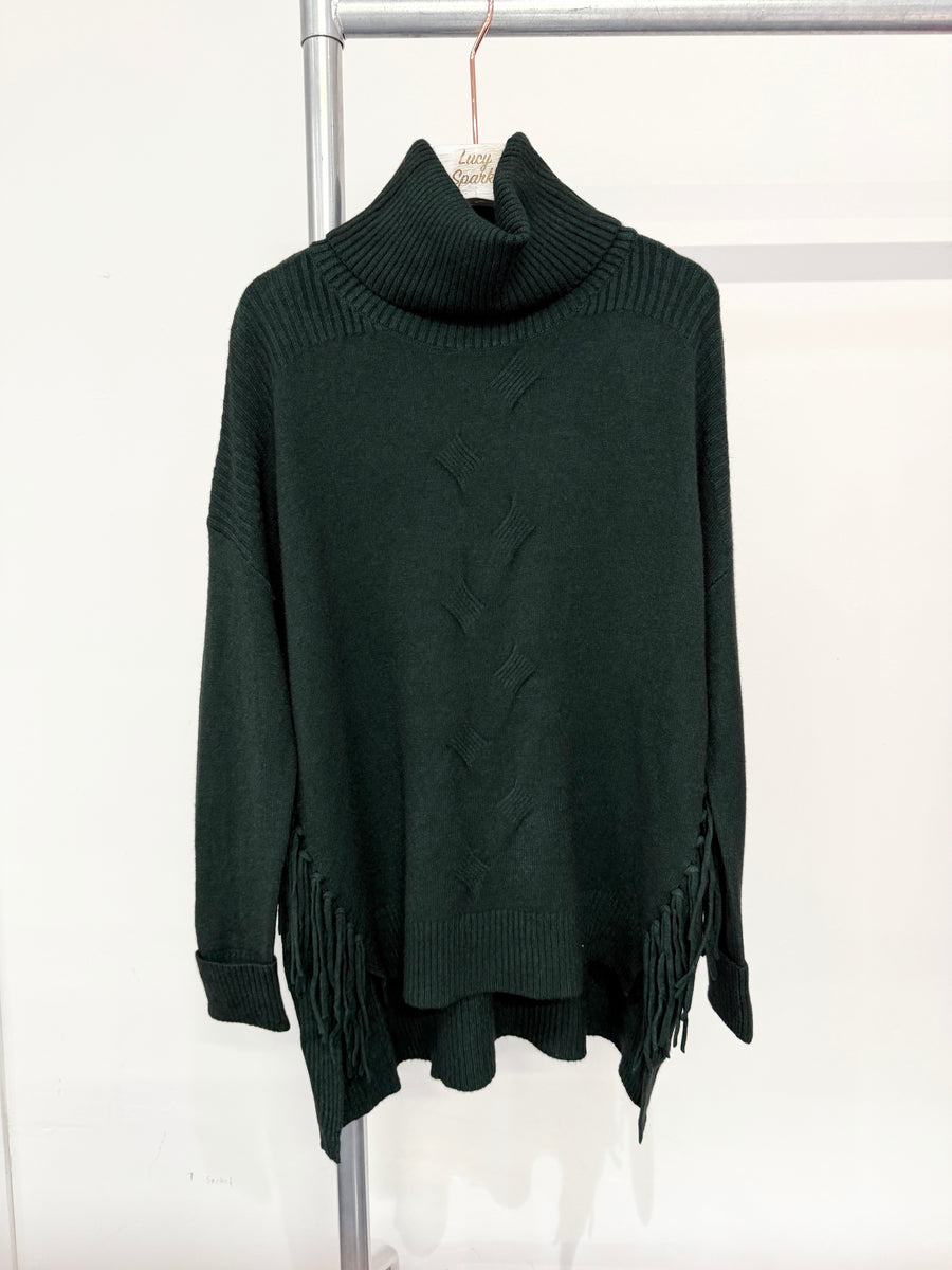 Soft Knit Jumper With Roll Neck,Rolled Sleeve Cuffs, Ribbed Shoulders, Cable Knit Design On Front And Side Tassels