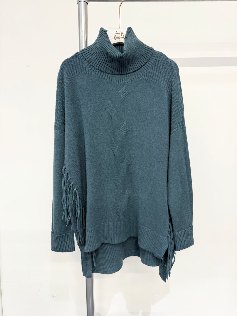 Soft Knit Jumper With Roll Neck,Rolled Sleeve Cuffs, Ribbed Shoulders, Cable Knit Design On Front And Side Tassels