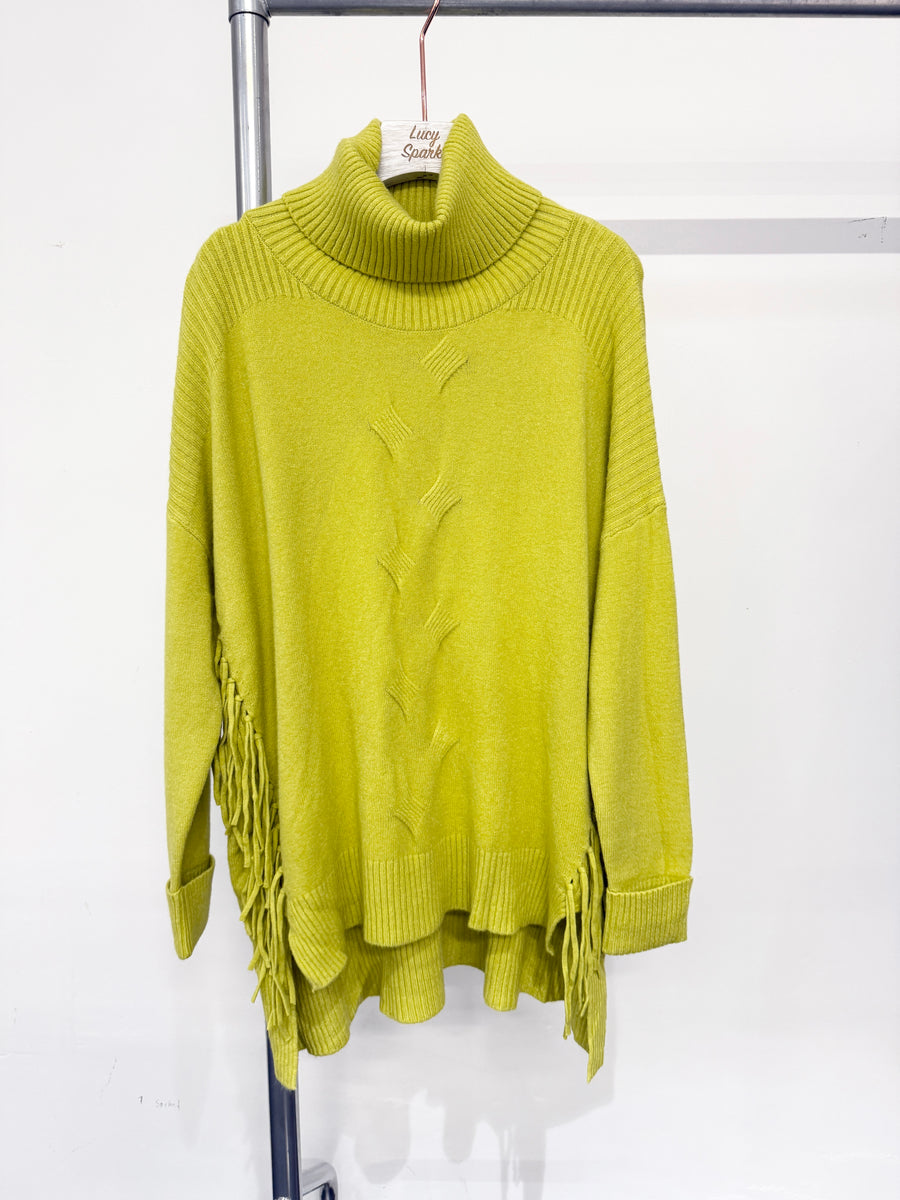 Soft Knit Jumper With Roll Neck,Rolled Sleeve Cuffs, Ribbed Shoulders, Cable Knit Design On Front And Side Tassels