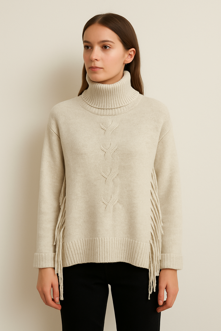Soft Knit Jumper With Roll Neck,Rolled Sleeve Cuffs, Ribbed Shoulders, Cable Knit Design On Front And Side Tassels
