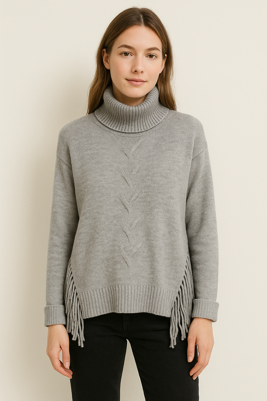 Soft Knit Jumper With Roll Neck,Rolled Sleeve Cuffs, Ribbed Shoulders, Cable Knit Design On Front And Side Tassels