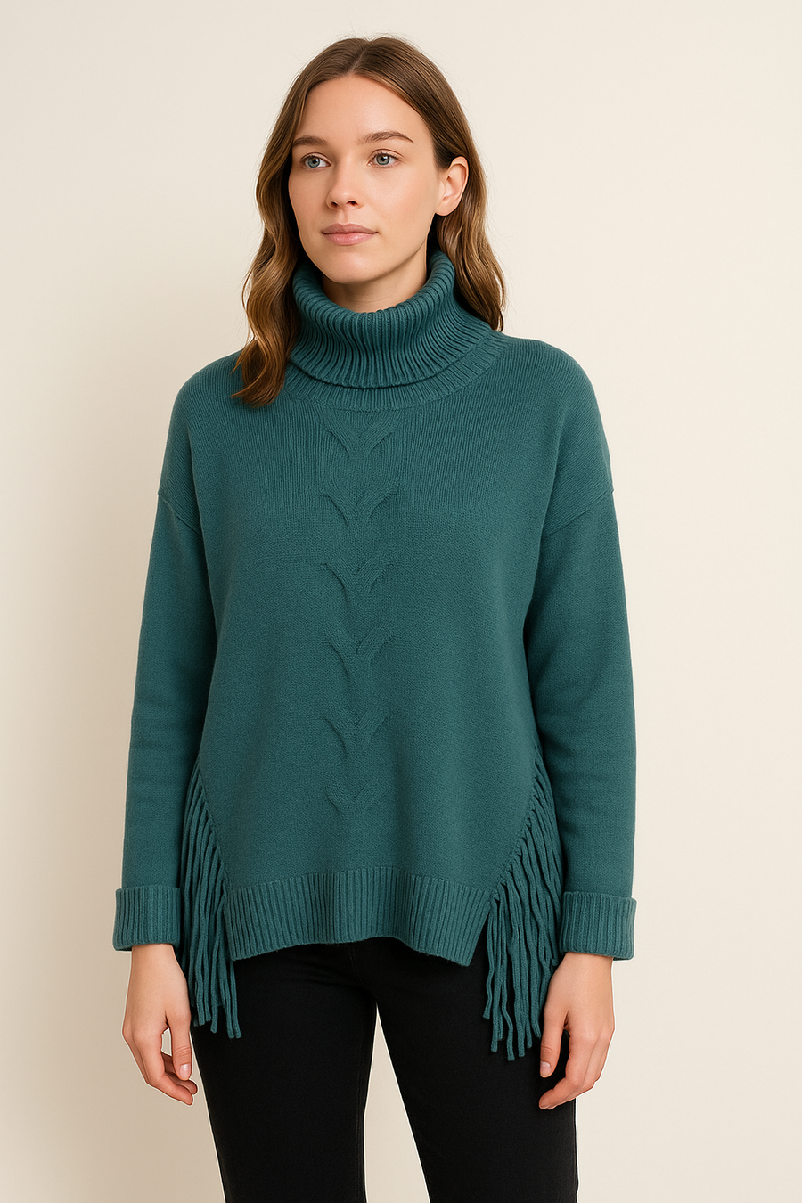 Soft Knit Jumper With Roll Neck,Rolled Sleeve Cuffs, Ribbed Shoulders, Cable Knit Design On Front And Side Tassels