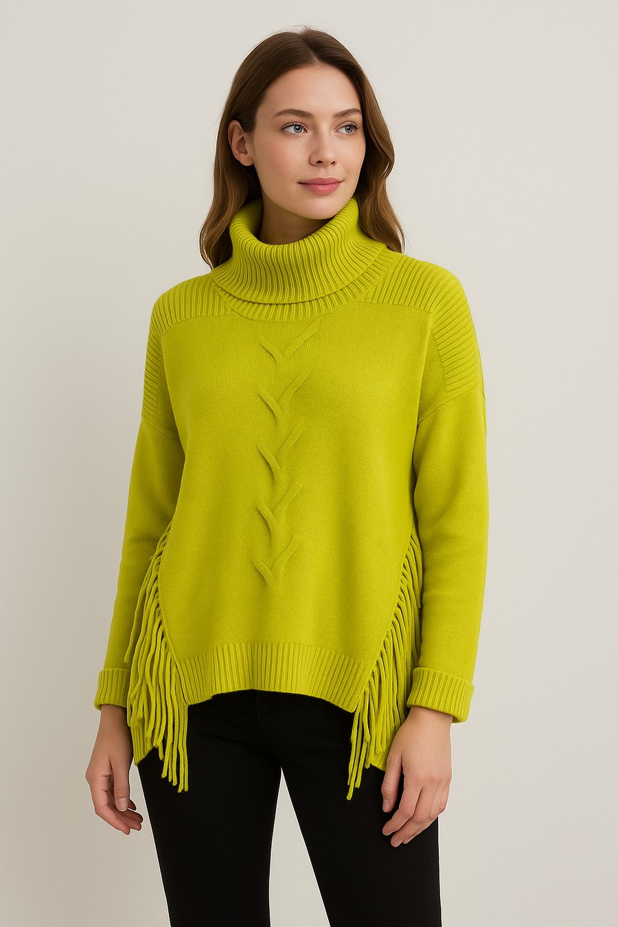 Soft Knit Jumper With Roll Neck,Rolled Sleeve Cuffs, Ribbed Shoulders, Cable Knit Design On Front And Side Tassels