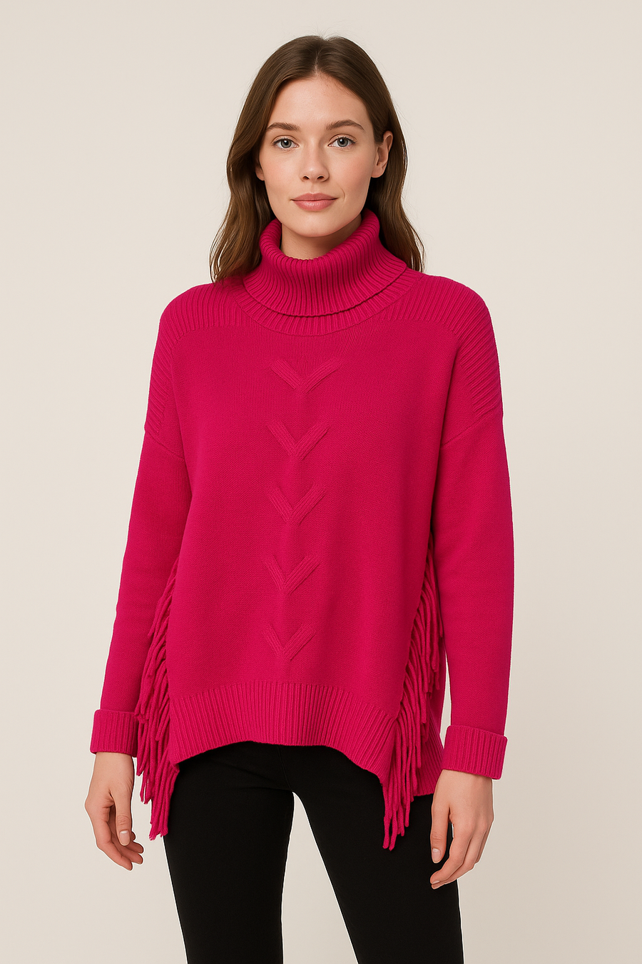 Soft Knit Jumper With Roll Neck,Rolled Sleeve Cuffs, Ribbed Shoulders, Cable Knit Design On Front And Side Tassels