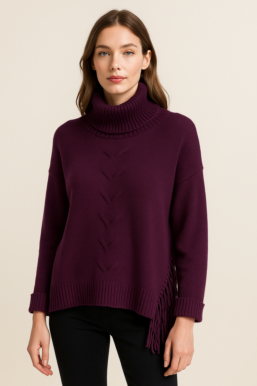 Soft Knit Jumper With Roll Neck,Rolled Sleeve Cuffs, Ribbed Shoulders, Cable Knit Design On Front And Side Tassels