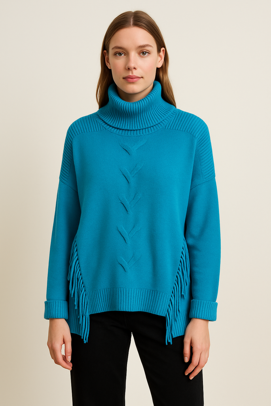 Soft Knit Jumper With Roll Neck,Rolled Sleeve Cuffs, Ribbed Shoulders, Cable Knit Design On Front And Side Tassels