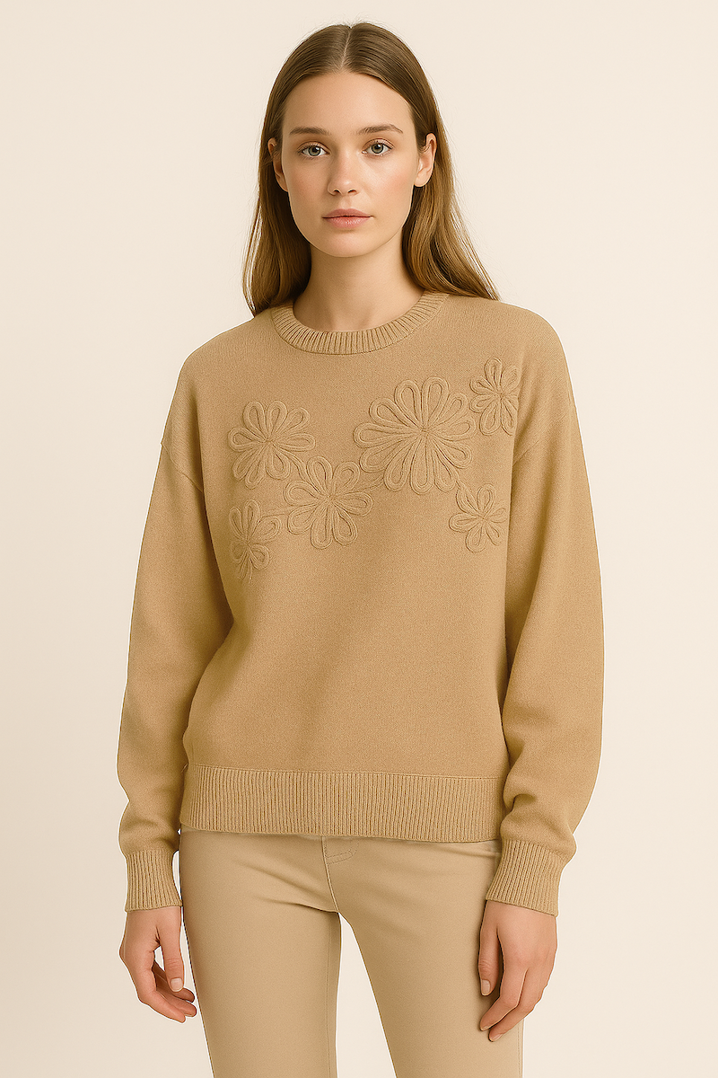 soft knit jumper with round neck and decorative laced flower design at the front