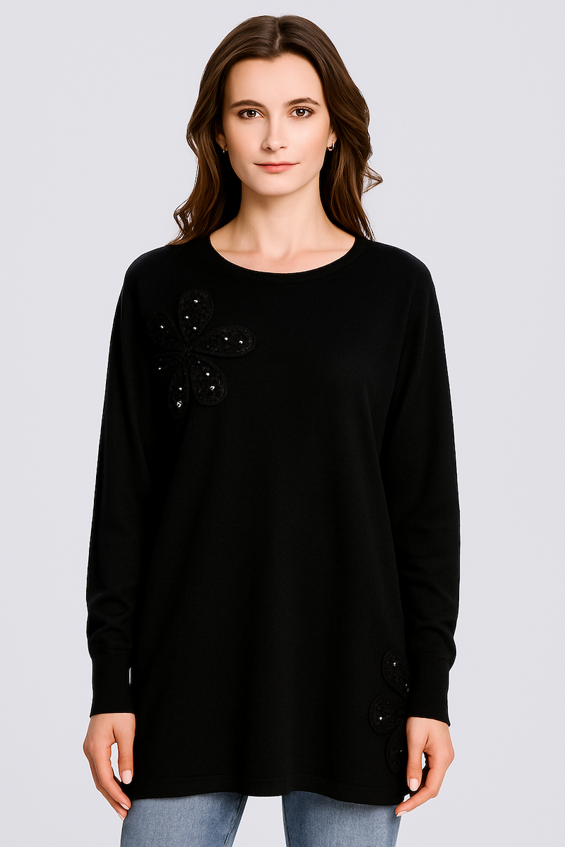 KNITTED 4 BUTTON CARDIGAN WITH SEQUIN EMBELLISHED DECORATIVE FLOWER ON SHOULDER