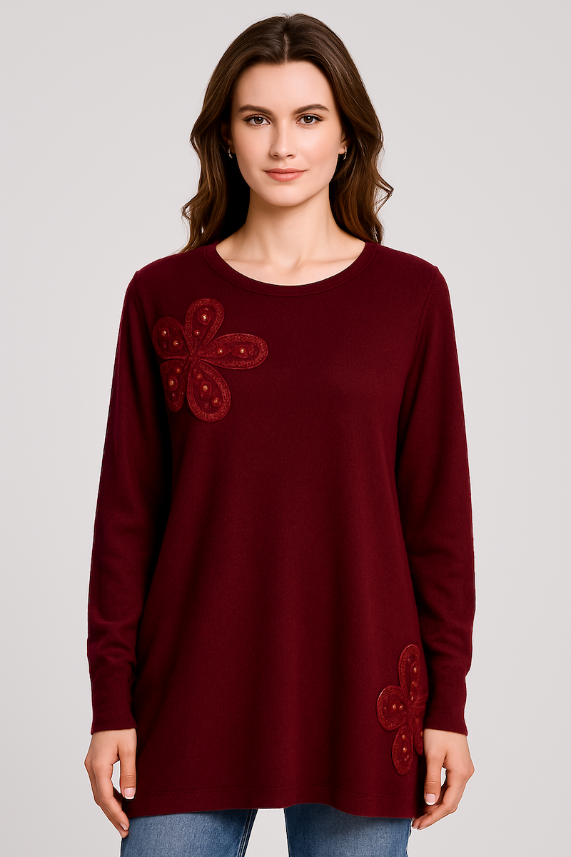 KNITTED 4 BUTTON CARDIGAN WITH SEQUIN EMBELLISHED DECORATIVE FLOWER ON SHOULDER