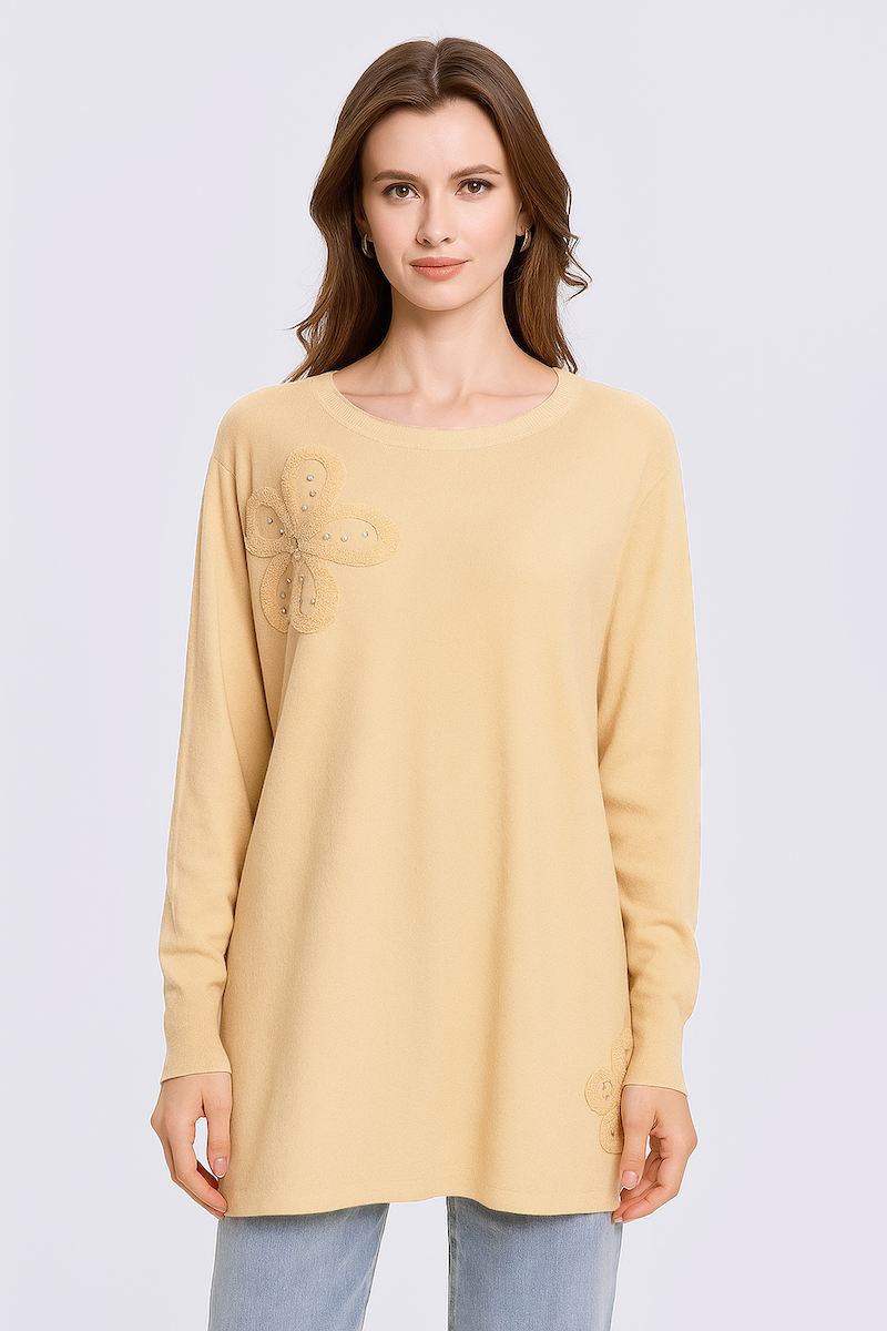 KNITTED 4 BUTTON CARDIGAN WITH SEQUIN EMBELLISHED DECORATIVE FLOWER ON SHOULDER