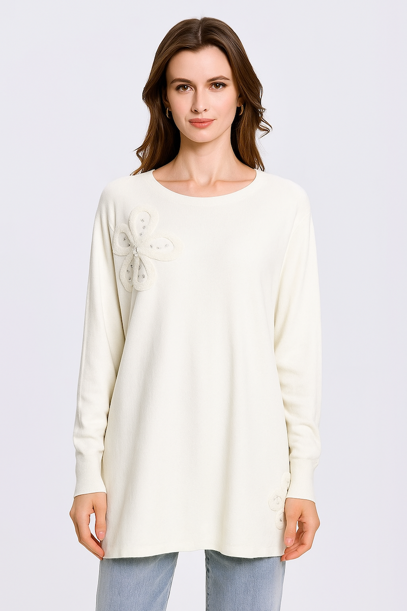 KNITTED 4 BUTTON CARDIGAN WITH SEQUIN EMBELLISHED DECORATIVE FLOWER ON SHOULDER