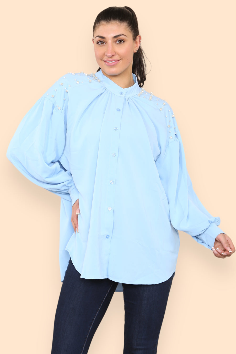 Pearls Studded Chiffon Blouse with Baggy Cuffed Sleeves Mandarin Collar