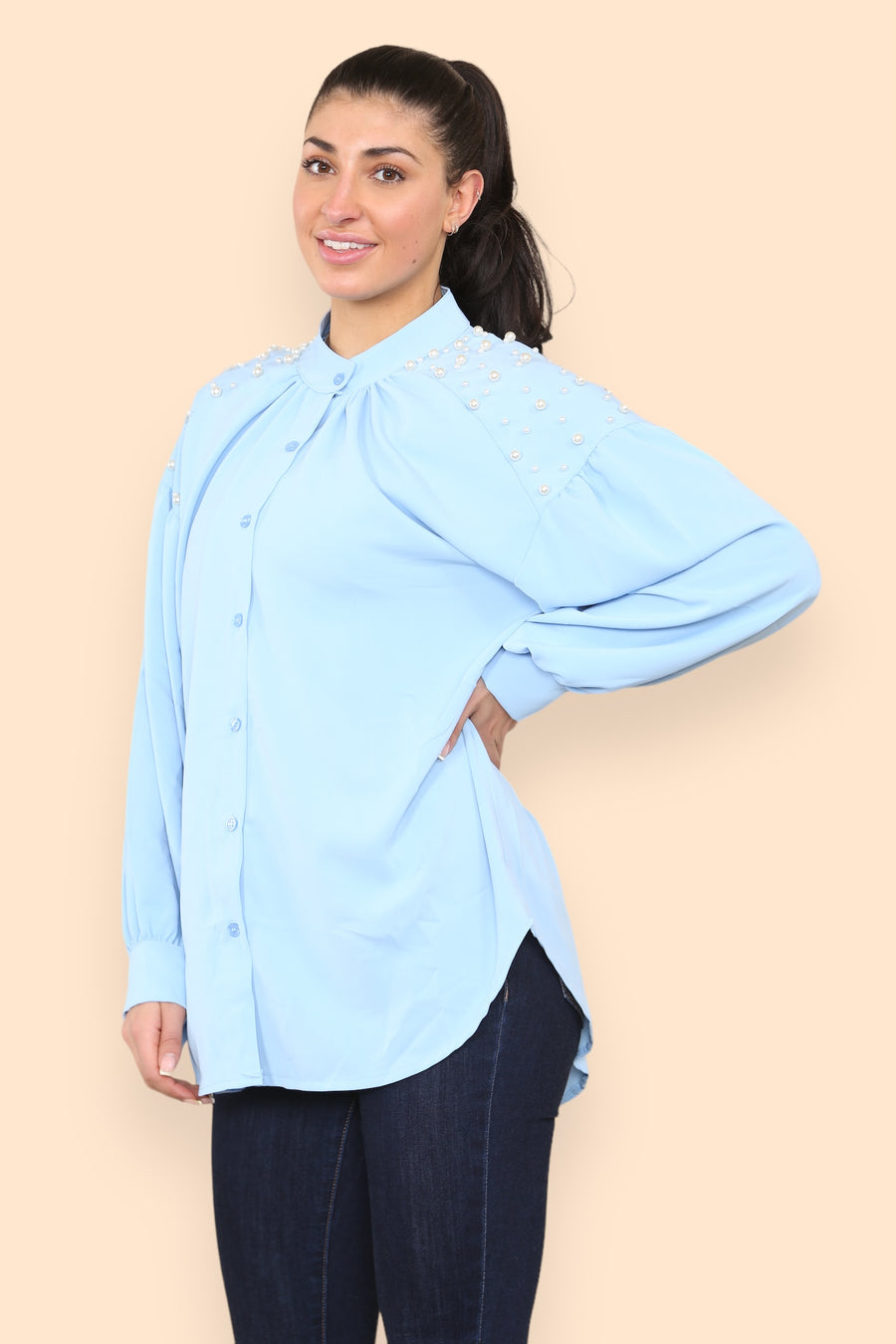 Pearls Studded Chiffon Blouse with Baggy Cuffed Sleeves Mandarin Collar