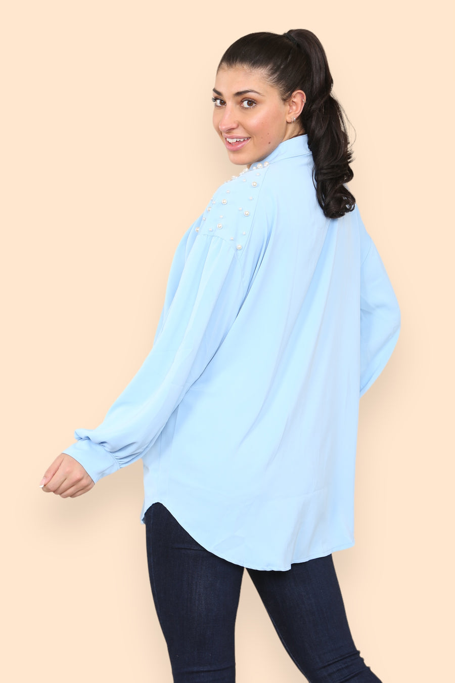 Pearls Studded Chiffon Blouse with Baggy Cuffed Sleeves Mandarin Collar