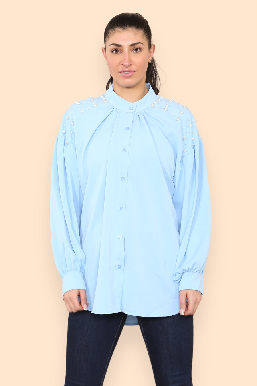 Pearls Studded Chiffon Blouse with Baggy Cuffed Sleeves Mandarin Collar