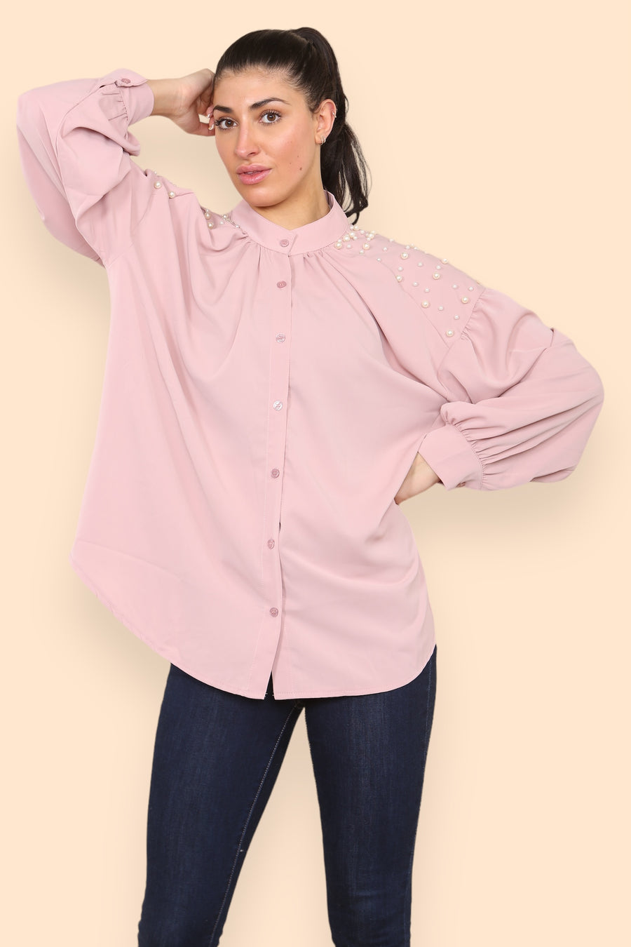 Pearls Studded Chiffon Blouse with Baggy Cuffed Sleeves Mandarin Collar