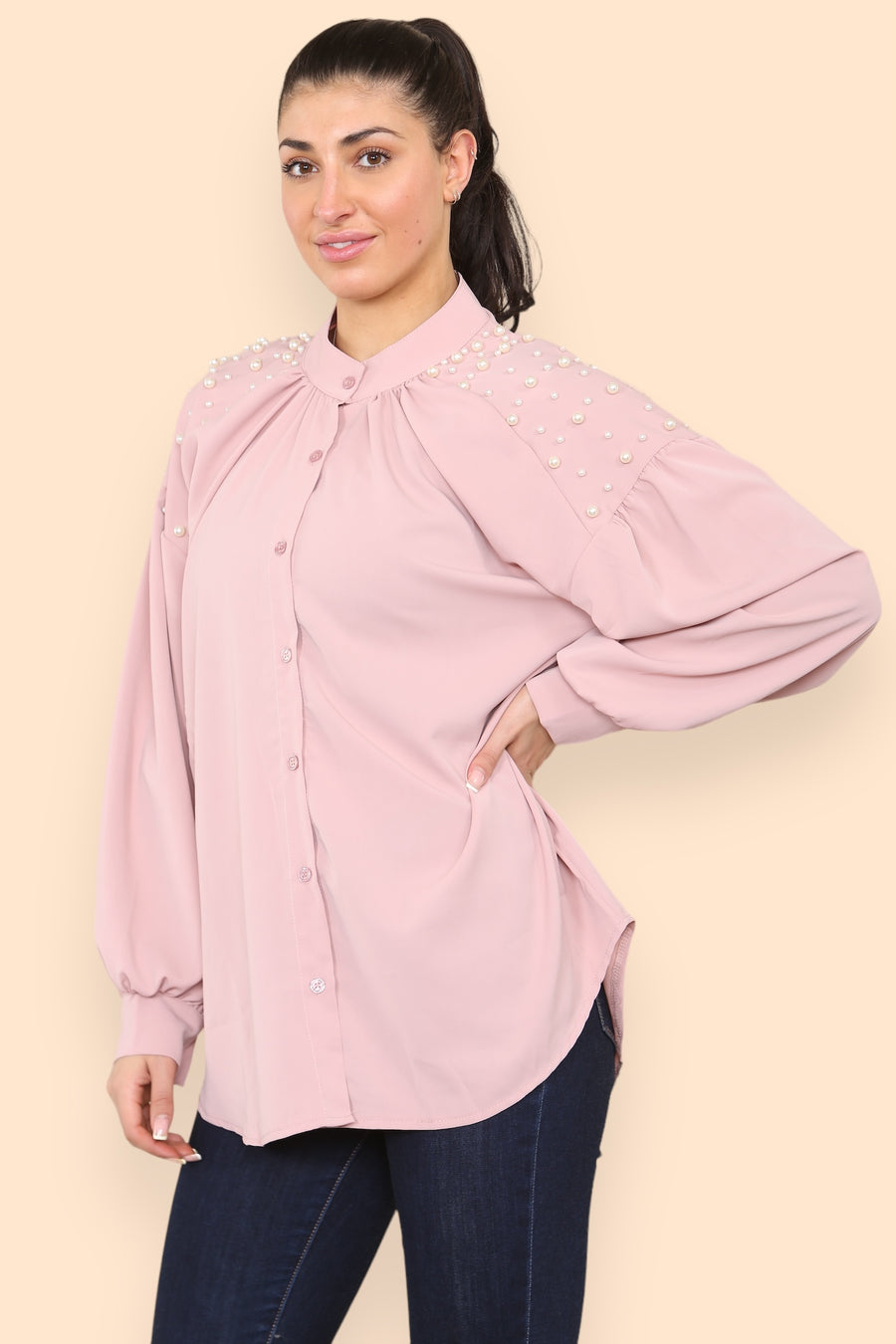 Pearls Studded Chiffon Blouse with Baggy Cuffed Sleeves Mandarin Collar