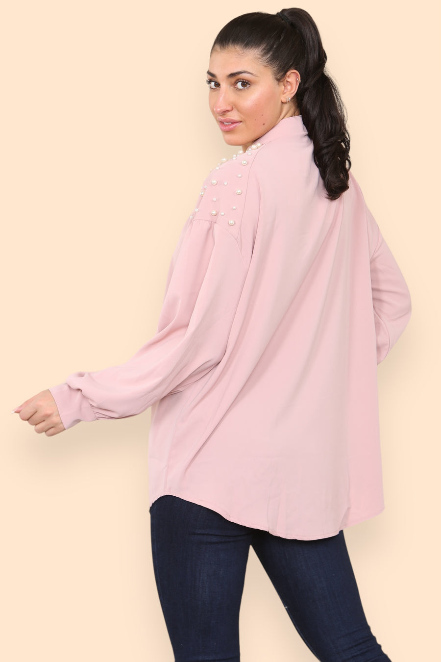 Pearls Studded Chiffon Blouse with Baggy Cuffed Sleeves Mandarin Collar