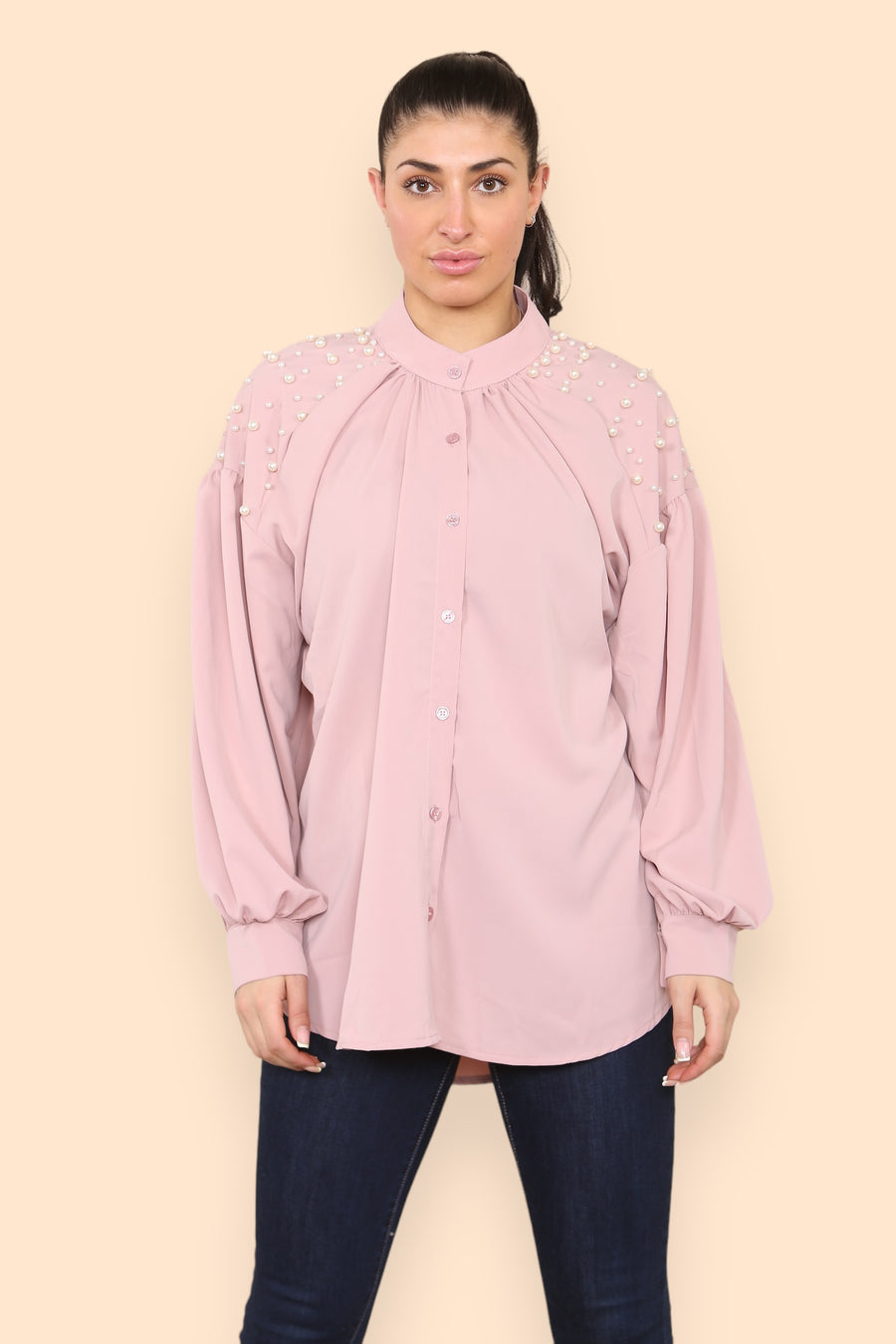 Pearls Studded Chiffon Blouse with Baggy Cuffed Sleeves Mandarin Collar