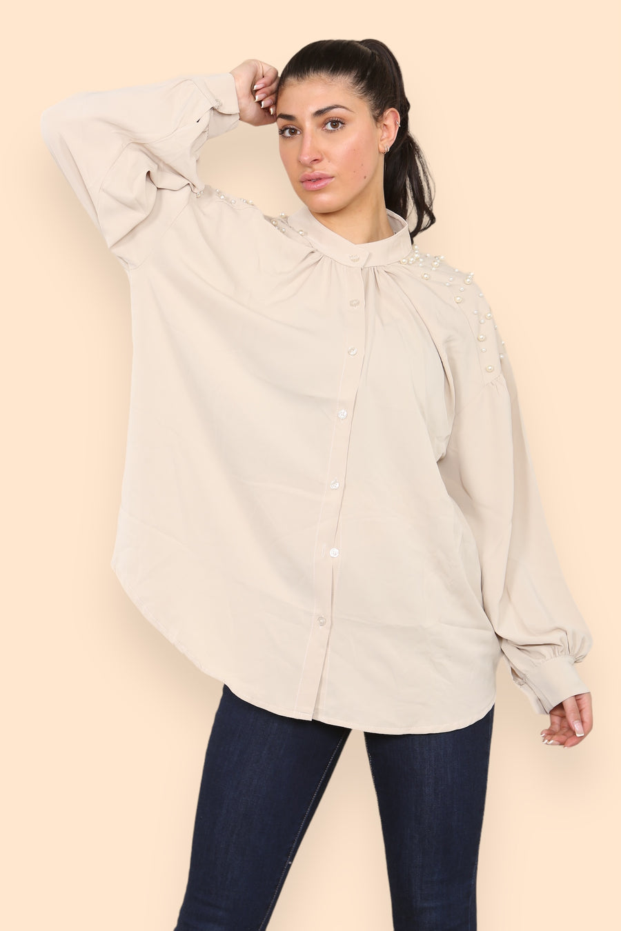 Pearls Studded Chiffon Blouse with Baggy Cuffed Sleeves Mandarin Collar