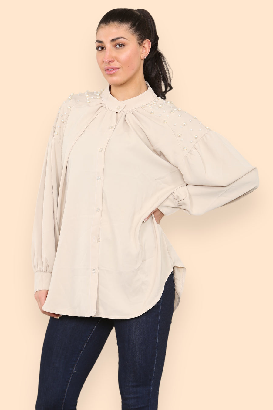 Pearls Studded Chiffon Blouse with Baggy Cuffed Sleeves Mandarin Collar