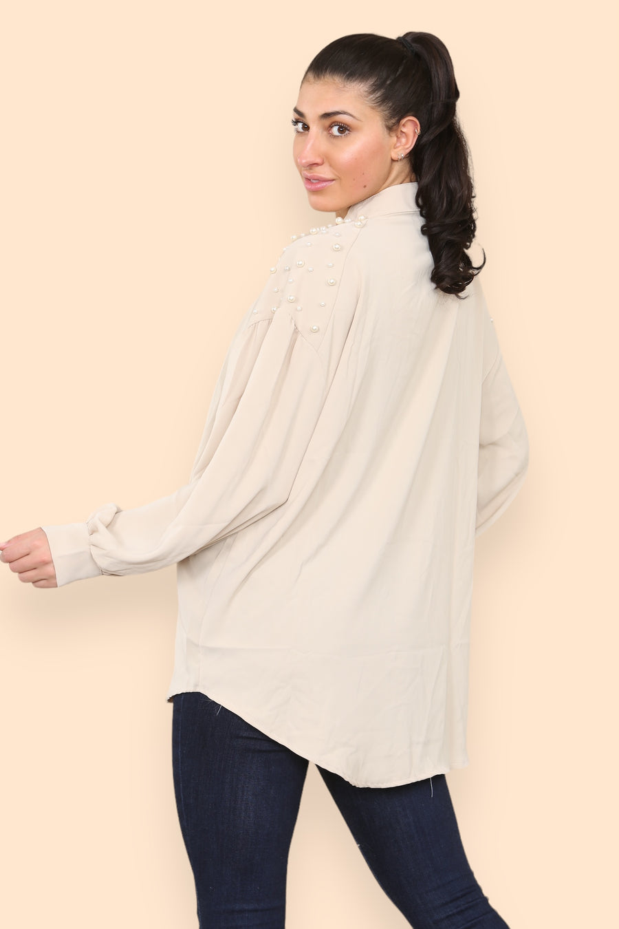 Pearls Studded Chiffon Blouse with Baggy Cuffed Sleeves Mandarin Collar